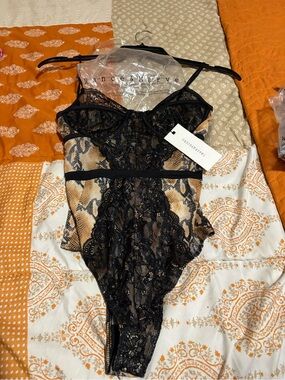 Dance & Marvel Black Lace Snake-Print Chemise Bodysuit